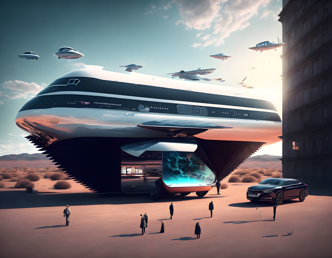 Futuristic cityscape with hovering spaceship and flying vehicles