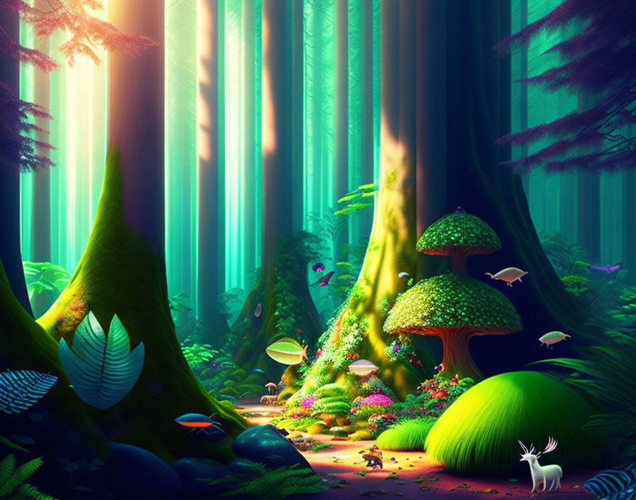 Vibrant Enchanted Forest with Mushroom Trees and White Stag