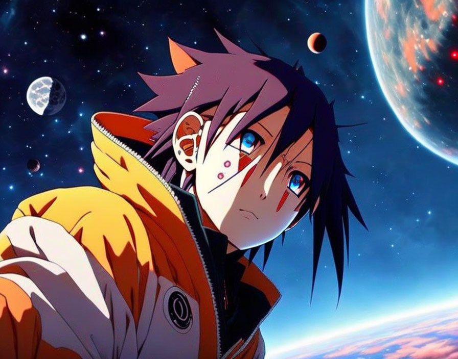 Anime character with spiky hair and red eyes in orange jacket against cosmic backdrop