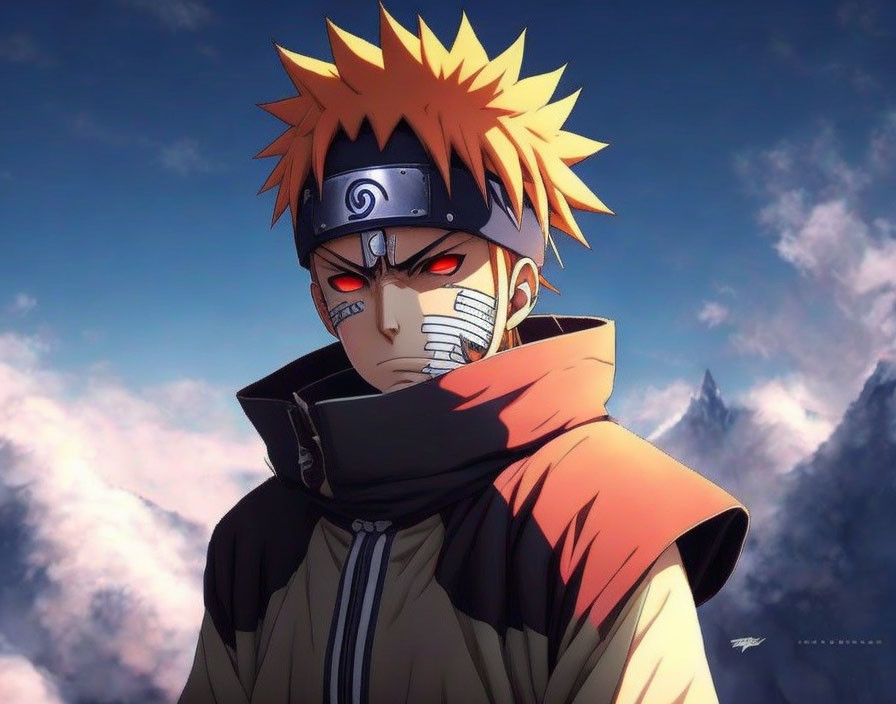 Spiky Orange-Haired Animated Character with Symbol Headband and Mask in Black & Orange Jacket on