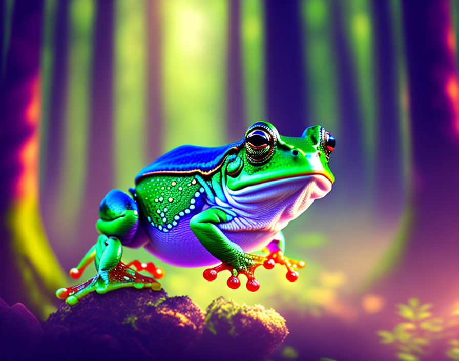 Colorful Frog on Leaf in Neon-lit Forest