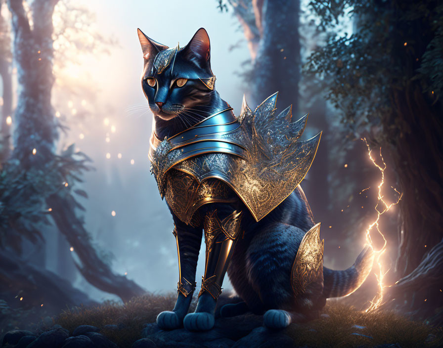 Majestic cat in golden armor in mystical forest with lightning and embers