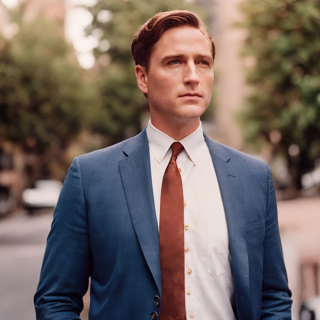 Man in Blue Suit and Tie Standing Outdoors with Pensive Expression