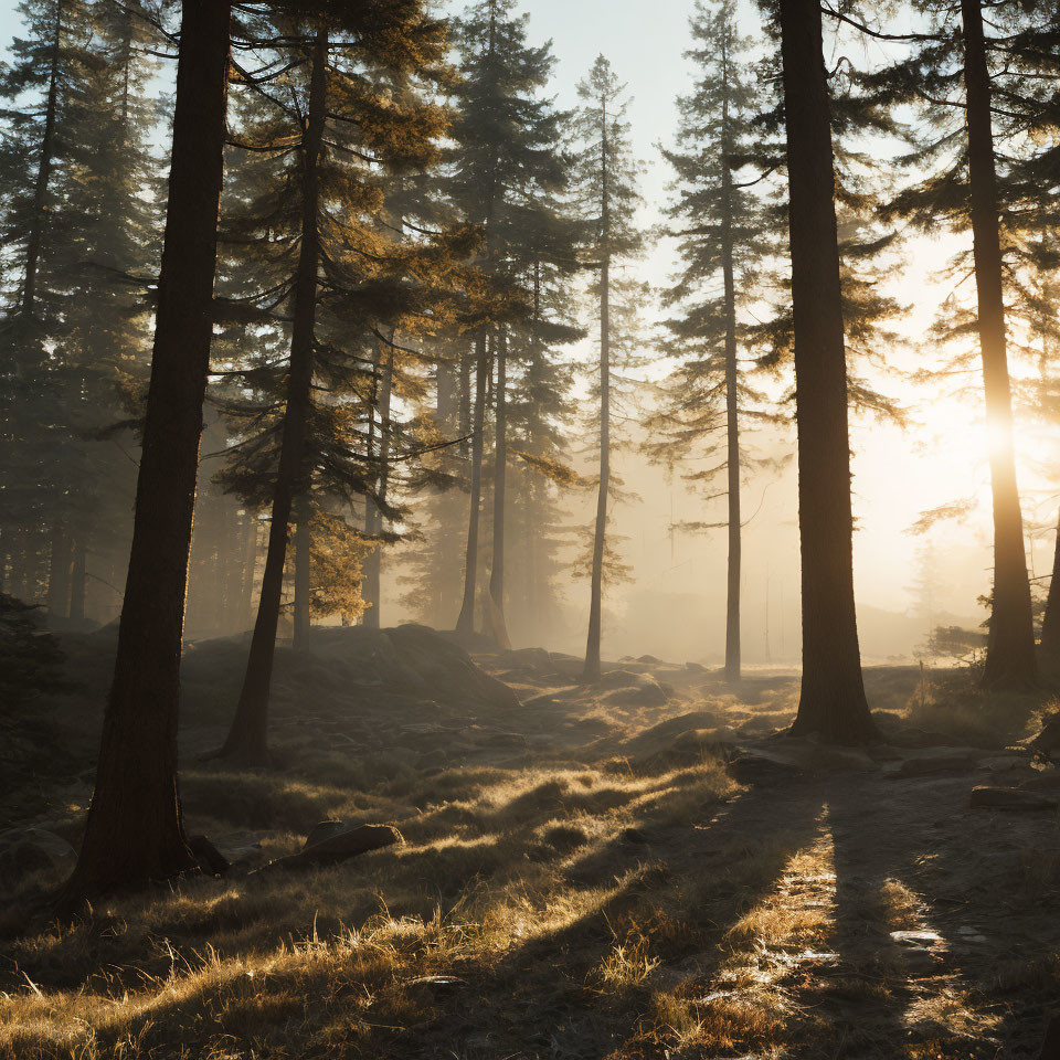 Misty forest at sunrise with warm glow on dirt path