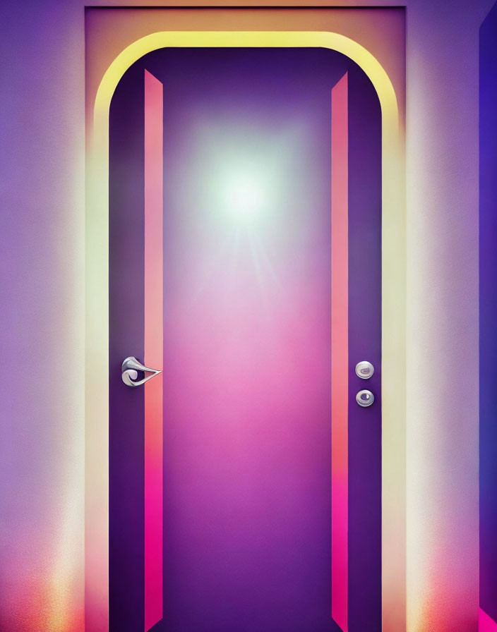 Colorful surreal door surrounded by neon lights in yellow and pink with bright light shining through.