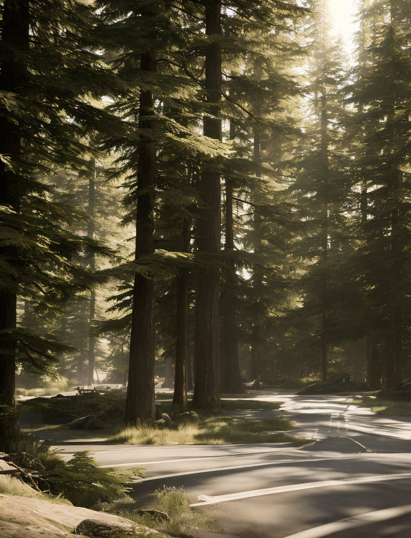 Tranquil forest road with towering trees and dappled light