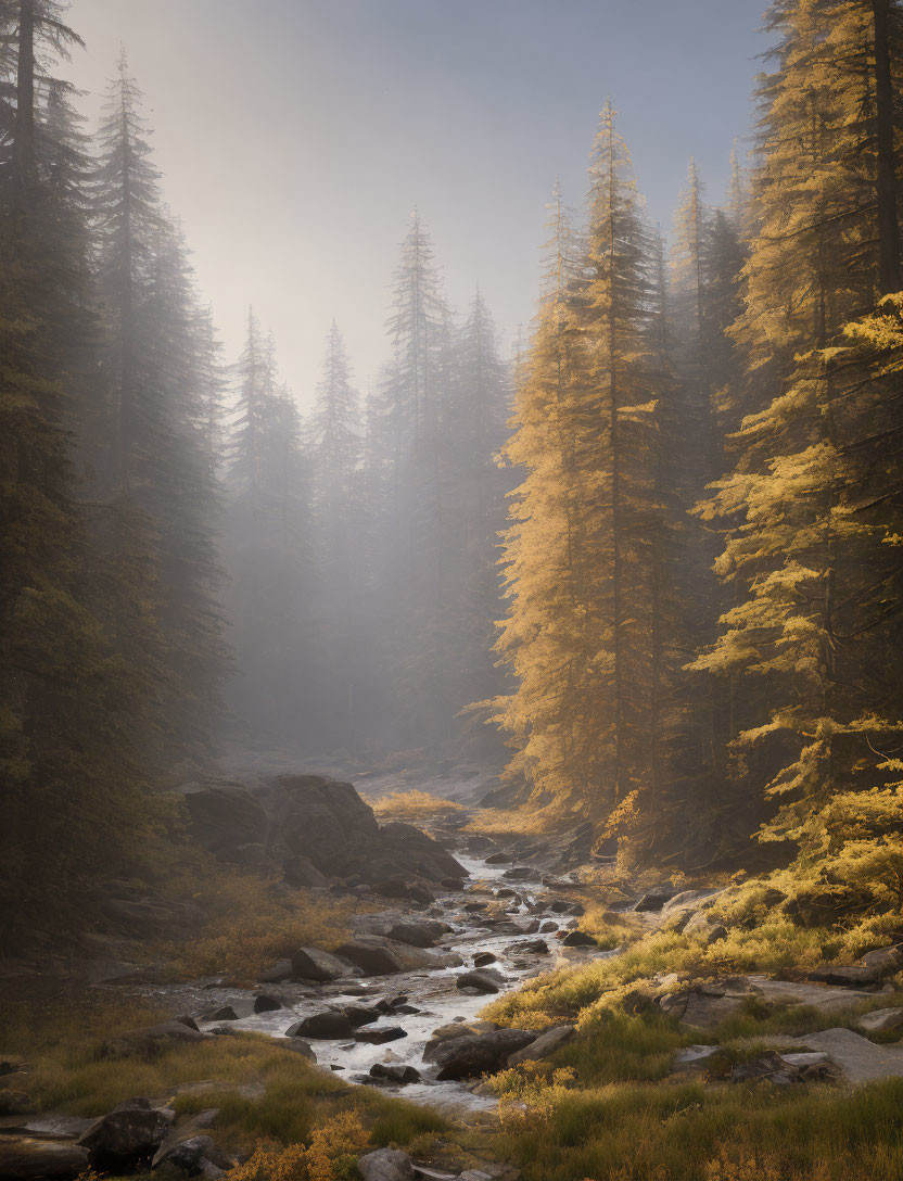 Tranquil forest stream with misty sunlight on golden and green trees