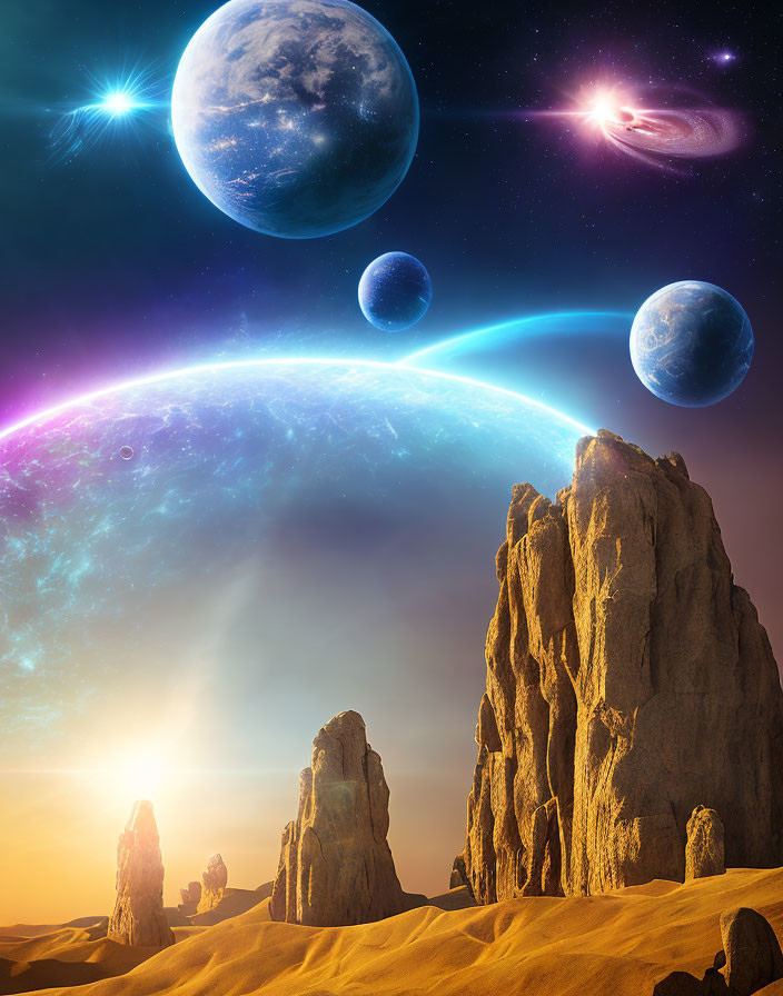 Surreal rocky landscape under cosmic sky with multiple planets and stars