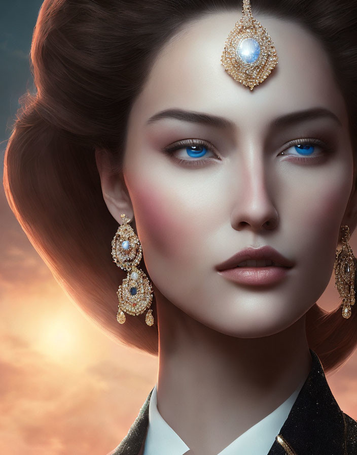 Portrait of woman with blue eyes and gold jewelry against warm sky.