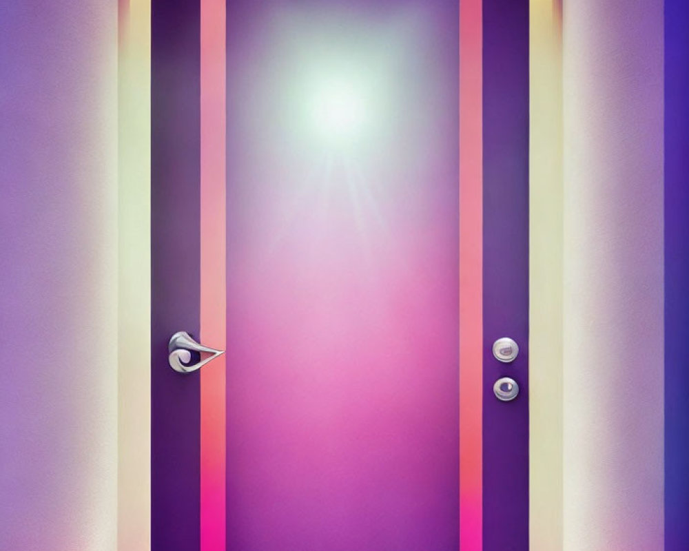 Colorful surreal door surrounded by neon lights in yellow and pink with bright light shining through.