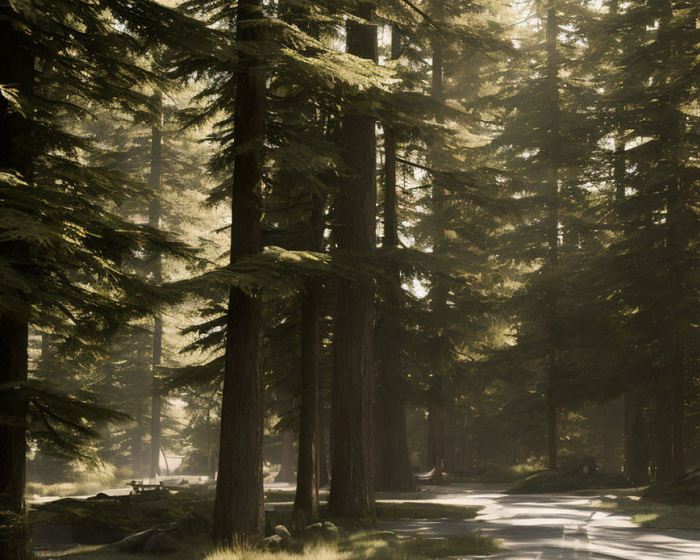 Tranquil forest road with towering trees and dappled light