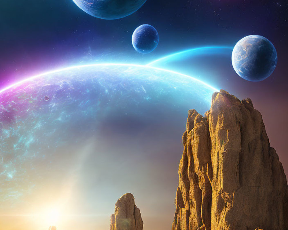 Surreal rocky landscape under cosmic sky with multiple planets and stars