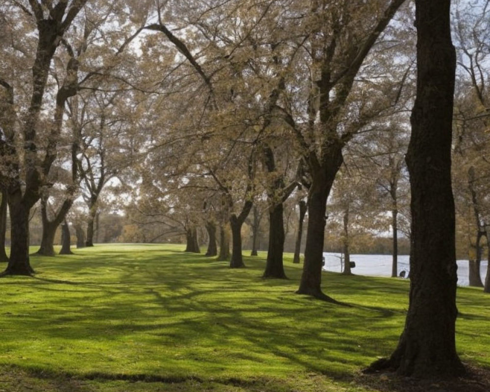 Sunlight filtering through tall trees onto lush green grass by calm water