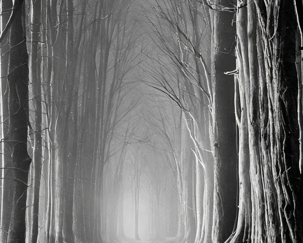 Monochrome photo of misty tree-lined path with bare trees and rocks