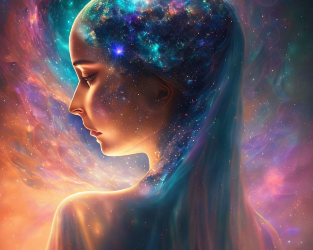 Woman's profile with cosmic galaxy inside, surrounded by vibrant nebula colors.