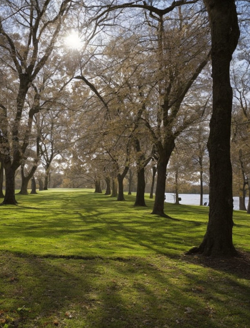 Sunlight filtering through tall trees onto lush green grass by calm water