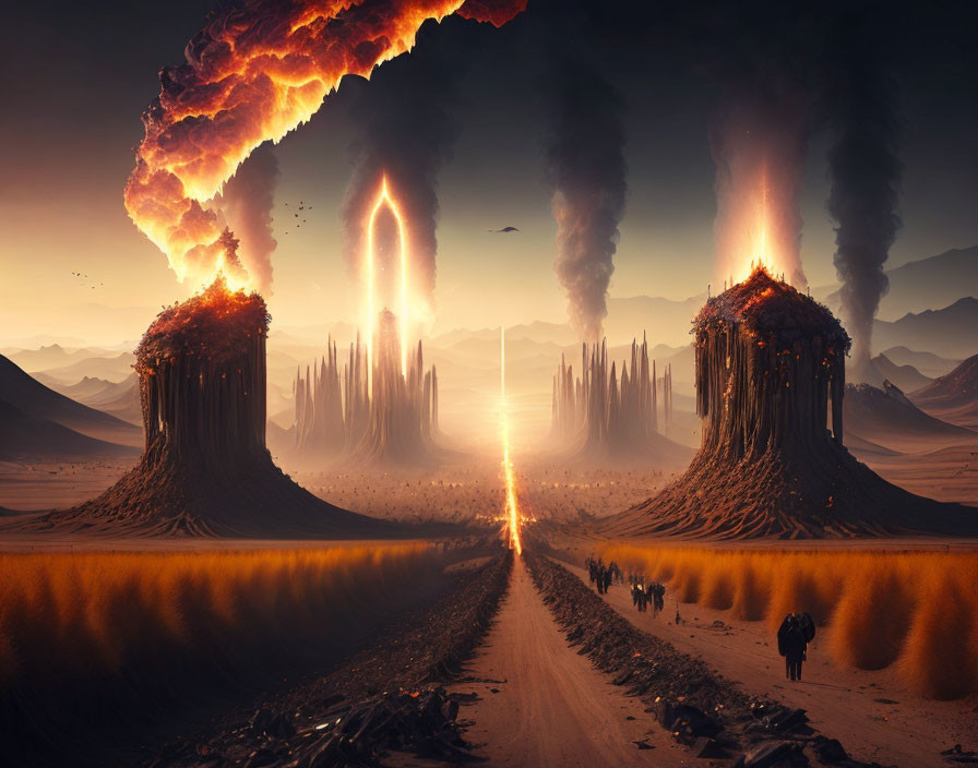 Volcanic eruptions and fiery smoke in apocalyptic landscape