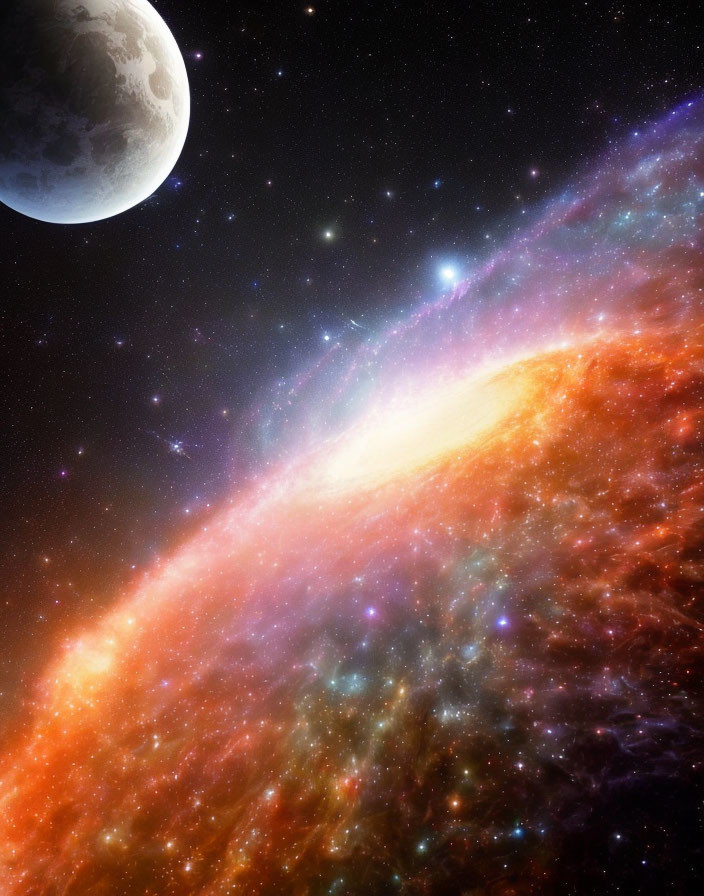 Colorful cosmic scene with moon, stars, and nebula