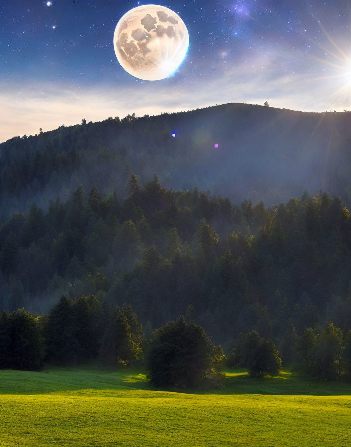 Lush green meadow with dense forest, bright moon, and sun flares