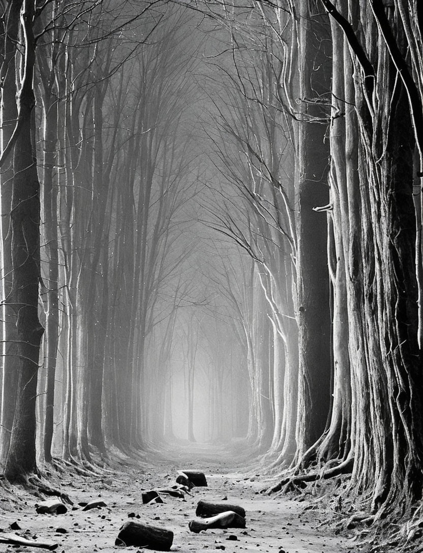 Monochrome photo of misty tree-lined path with bare trees and rocks