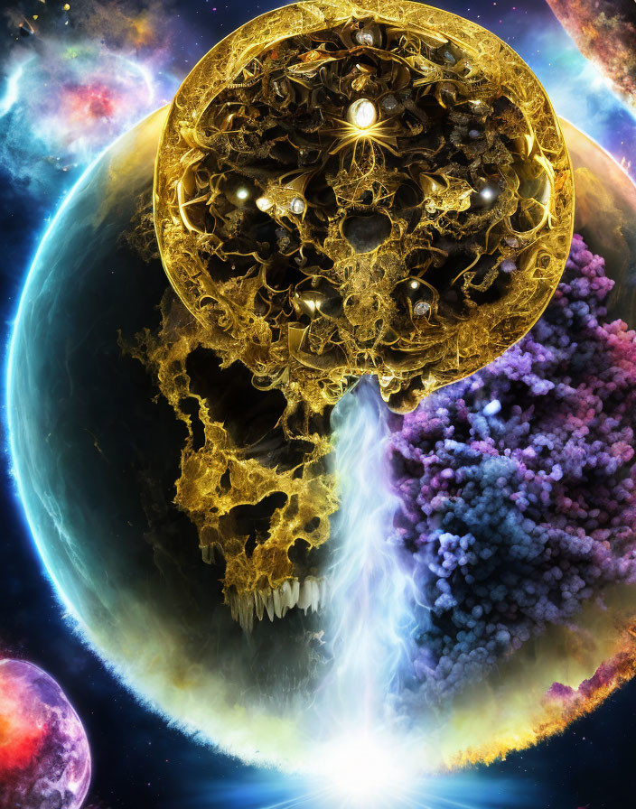 Ornate golden structure in vibrant cosmic scene with skull-shaped nebula