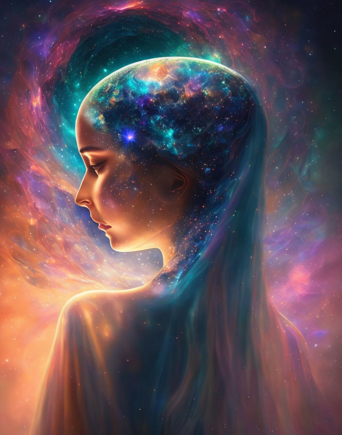 Woman's profile with cosmic galaxy inside, surrounded by vibrant nebula colors.