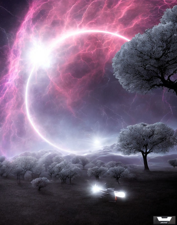 Vivid digital artwork: surreal neon night scene with cosmic event and silhouetted trees