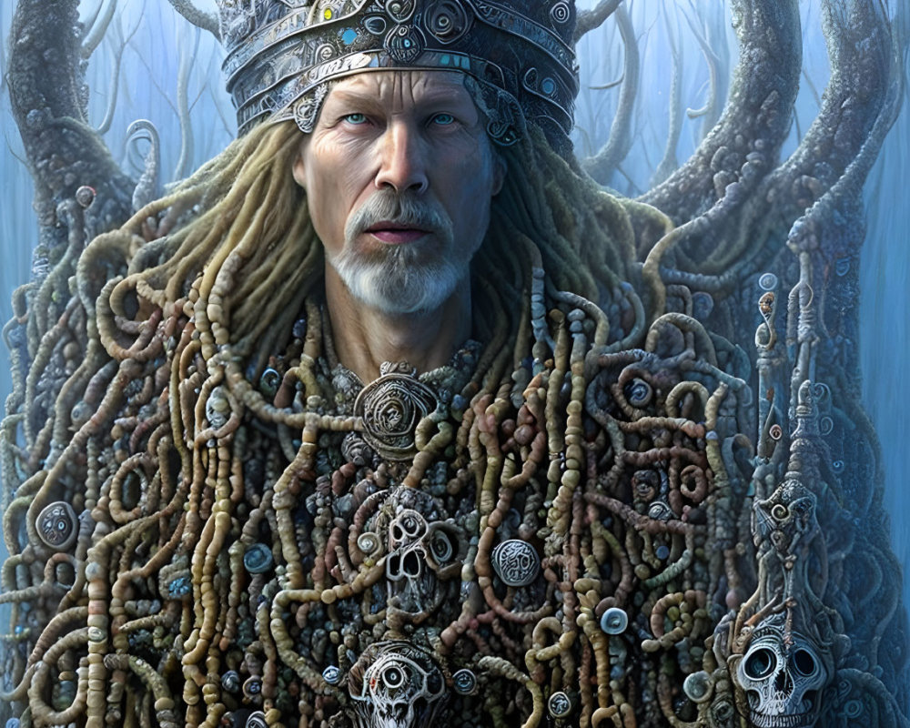 Intricate Crowned Figure with Bones and Medallions in Misty Forest