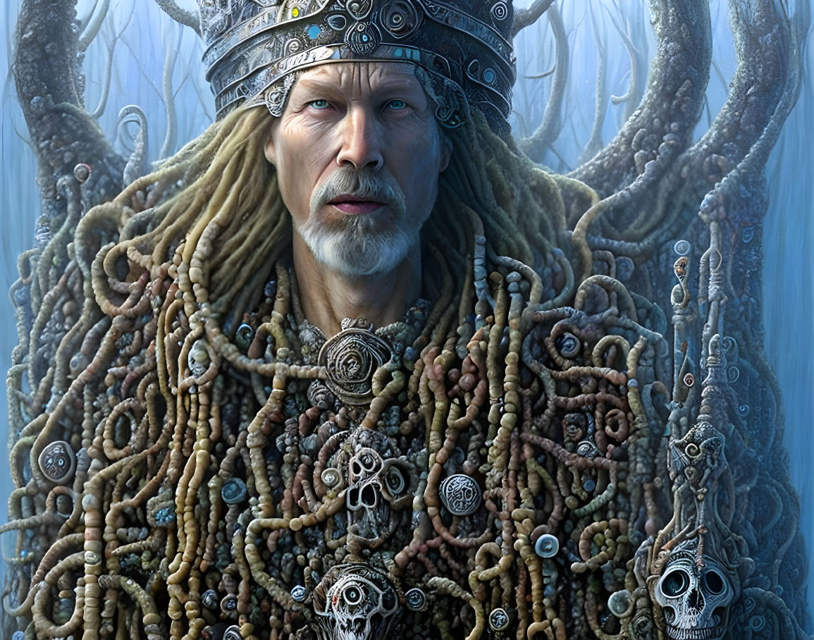 Intricate Crowned Figure with Bones and Medallions in Misty Forest