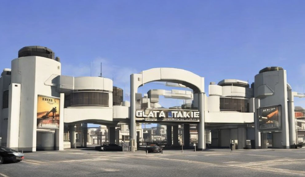 Cylindrical towers and arches in modern building under blue sky with foreign language signs.