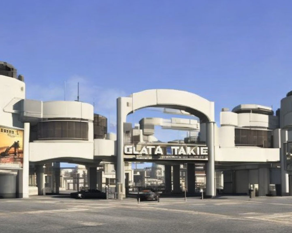 Cylindrical towers and arches in modern building under blue sky with foreign language signs.