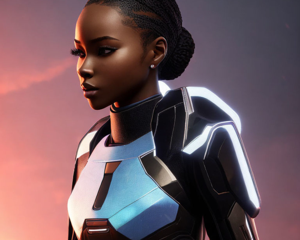 Futuristic 3D Illustration of Woman in Braided Hair Armor Suit