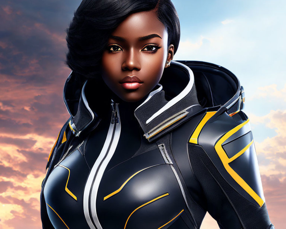 Digital illustration of woman in futuristic suit against sunset sky