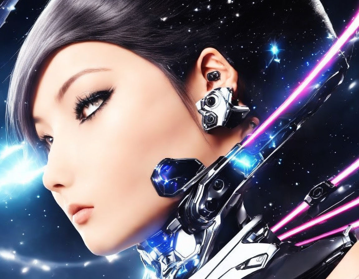 Female cyborg digital art with silver hair, high-tech earpiece, and glowing blue elements in space