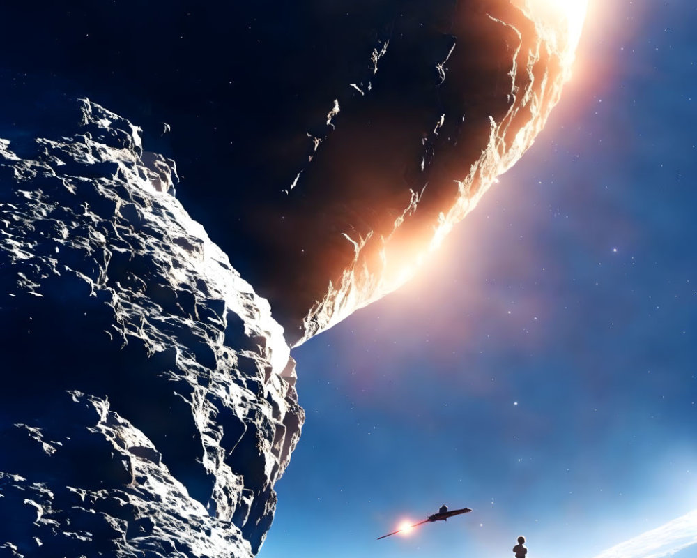 Rocky celestial bodies, spaceship, starry sky, and rising planet in space scene