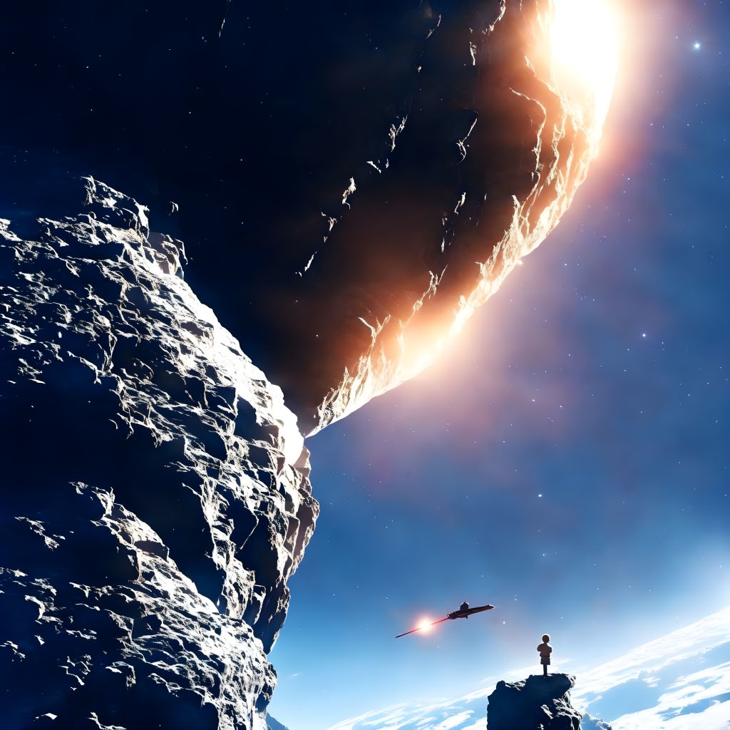 Rocky celestial bodies, spaceship, starry sky, and rising planet in space scene