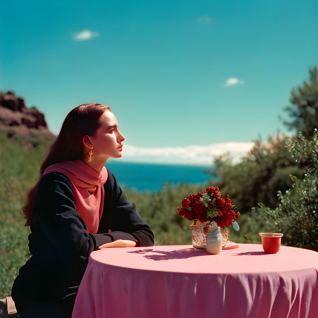 Woman sitting at outdoor table with flowers, looking at ocean and sky.