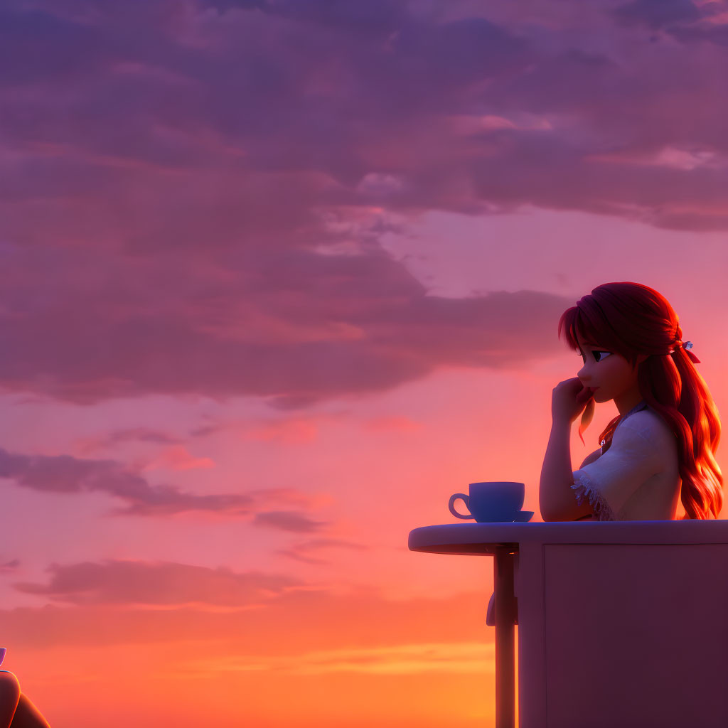 Auburn-Haired Animated Girl Sitting at Table Under Sunset Sky