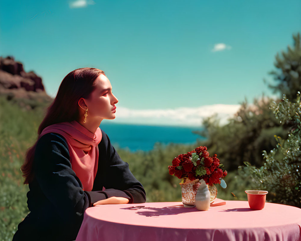 Woman sitting at outdoor table with flowers, looking at ocean and sky.