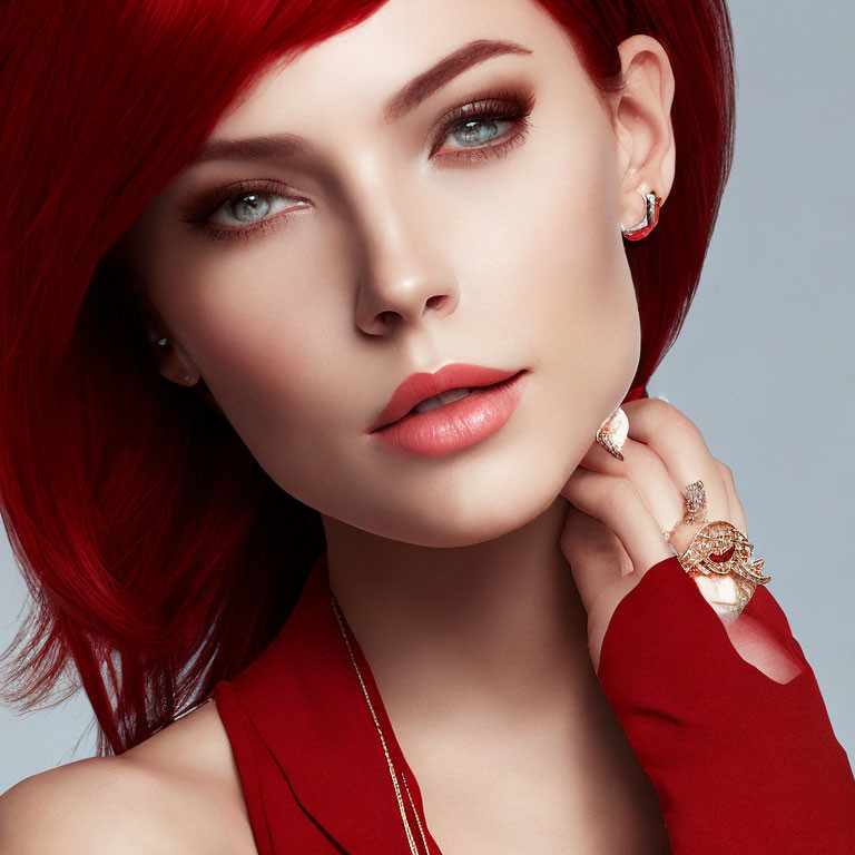 Red-haired woman with hand on neck, gold jewelry, red top, gray background.