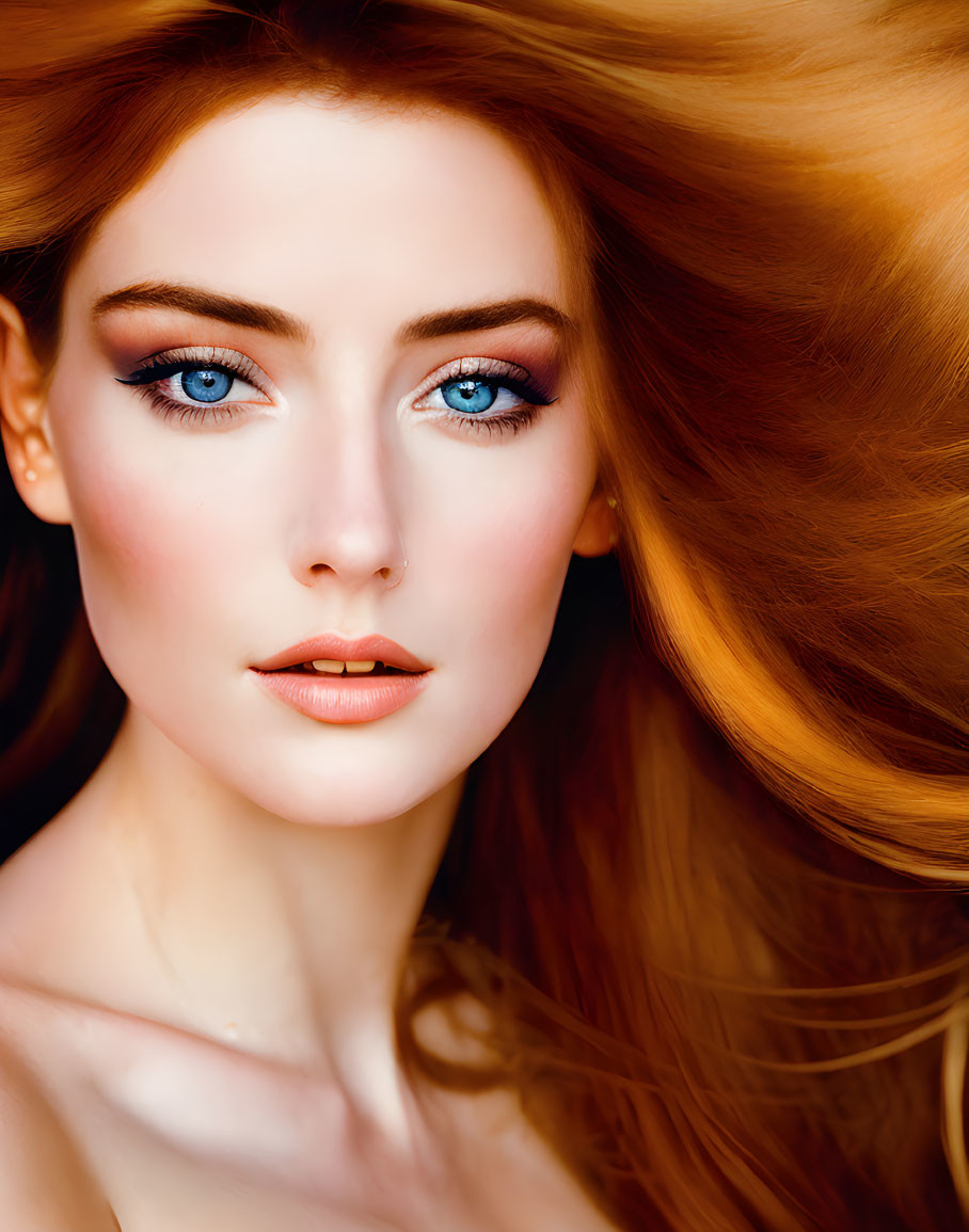 Close-up portrait of woman with flowing red hair and blue eyes.