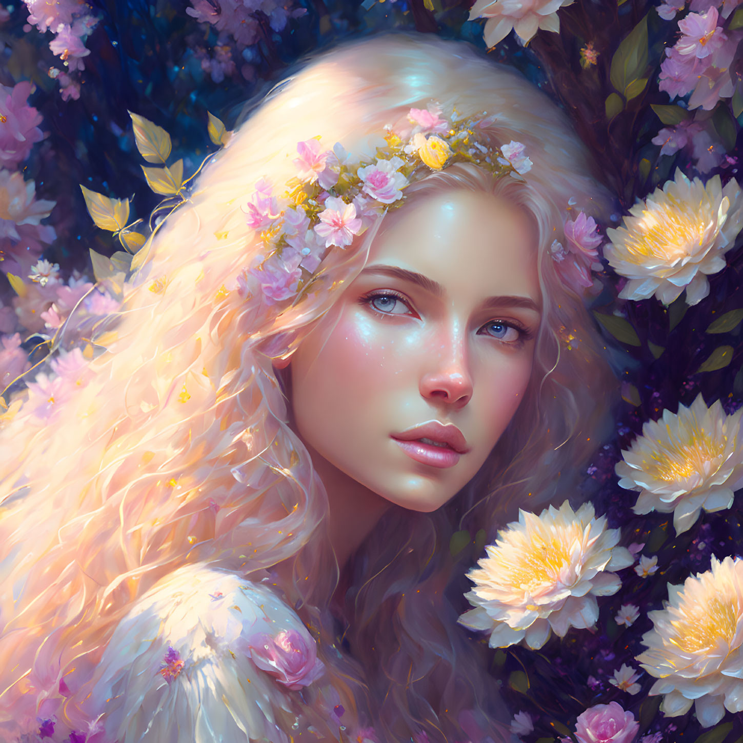 Blonde Woman Portrait with Pink Flowers in Fantasy Setting