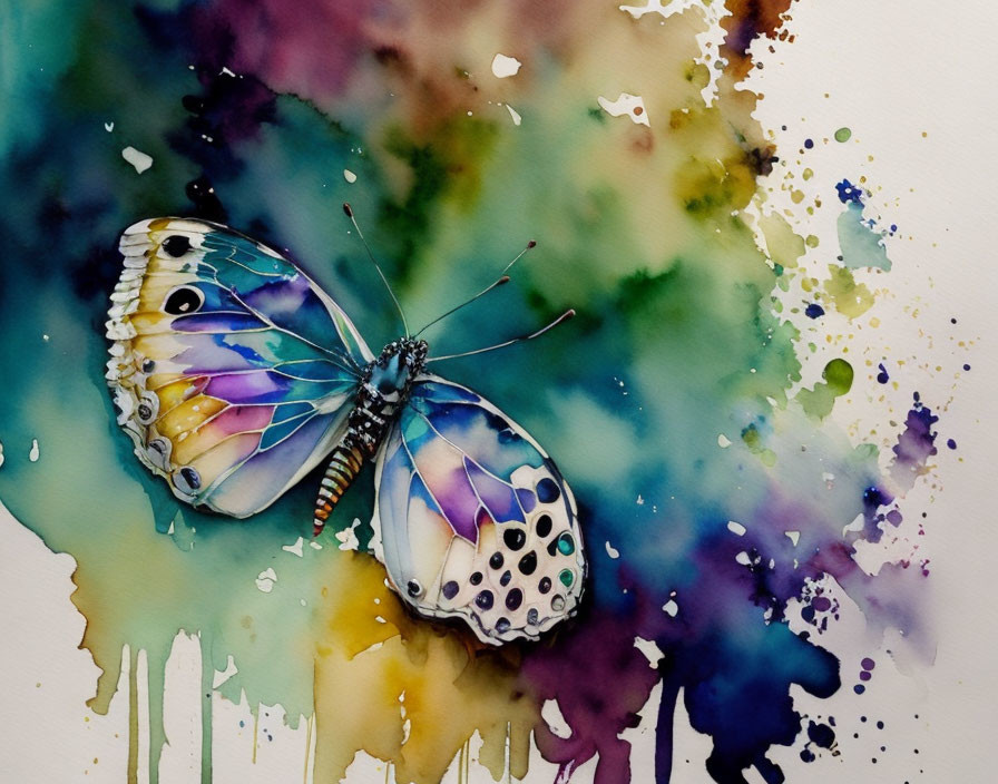 Colorful Butterfly Watercolor Painting with Purple, Blue, and Yellow Hues