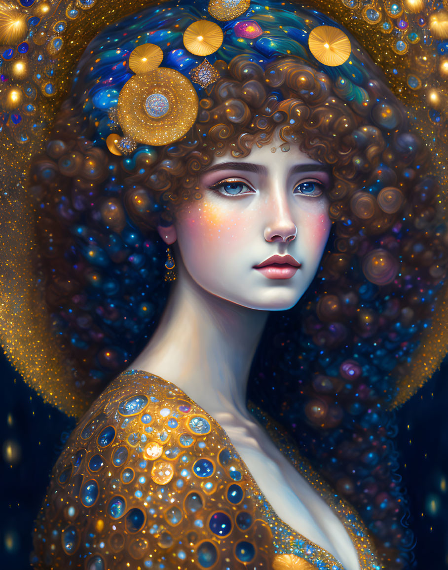 Cosmic-themed woman illustration with starry hair and golden ornaments