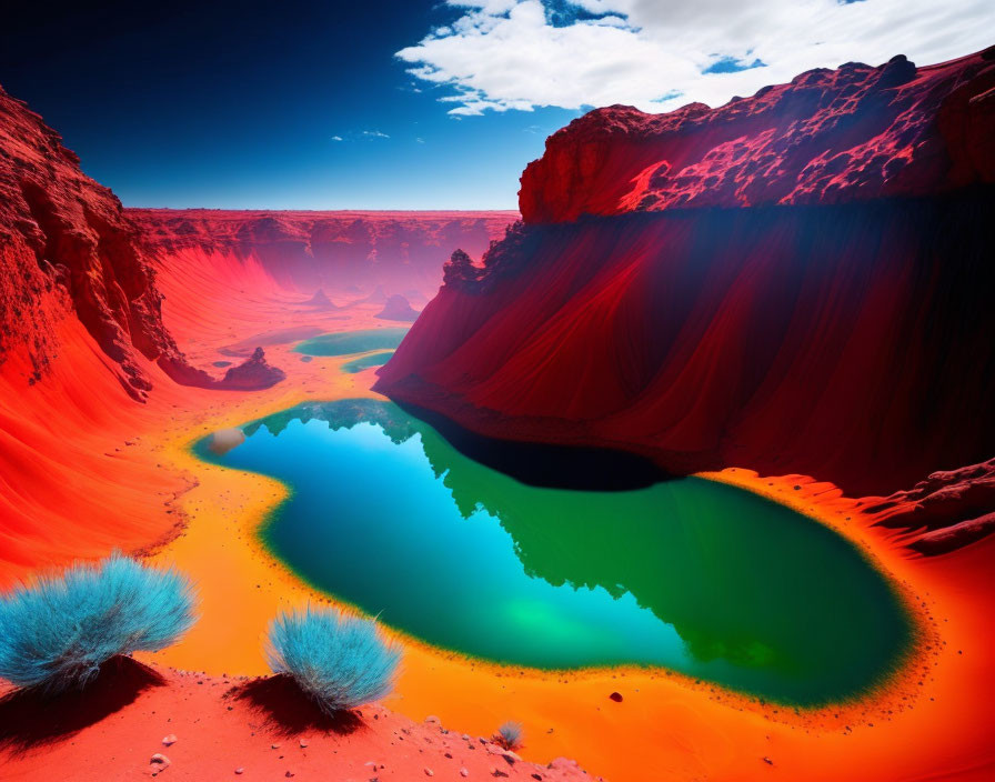 Colorful surreal landscape with blue-green lake and orange-red canyon walls