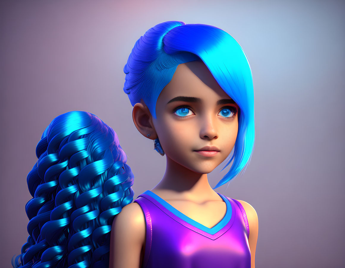 3D illustration: Girl with blue hair and big eyes in purple outfit