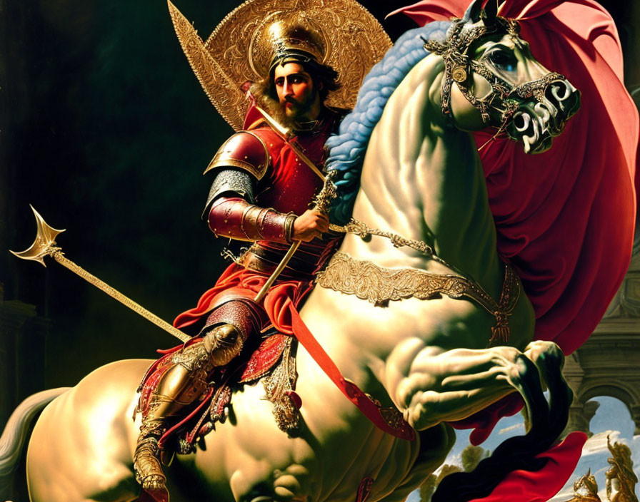 Warrior on Horseback in Ornate Armor with Spear and Red Cape