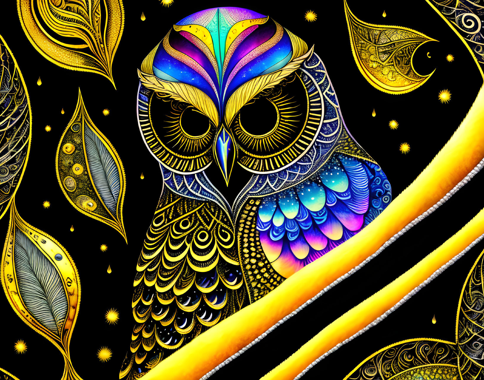 Colorful Stylized Owl Artwork with Golden Leaves and Whimsical Patterns