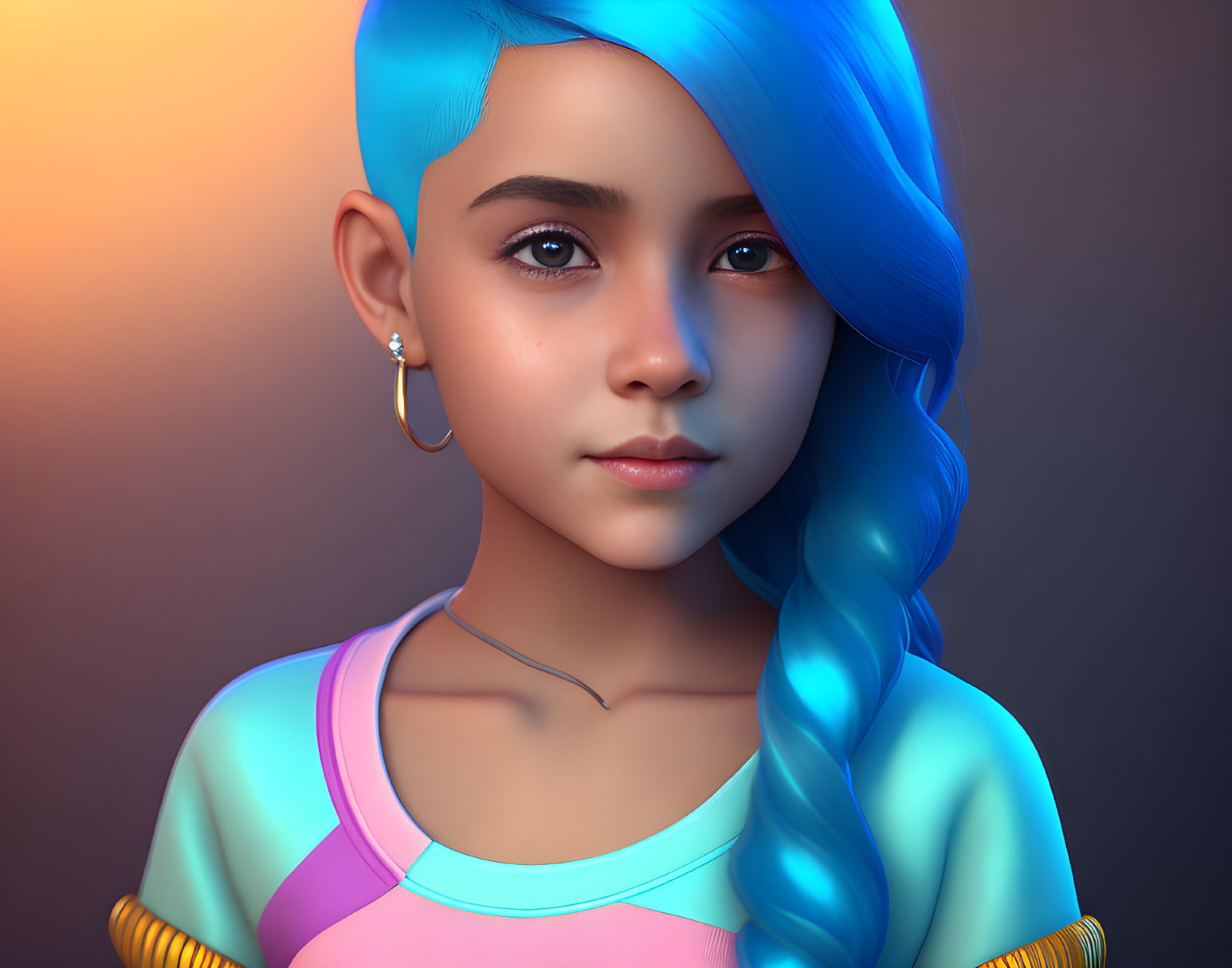 Colorful Digital Portrait: Young Girl with Blue Hair and Brown Eyes