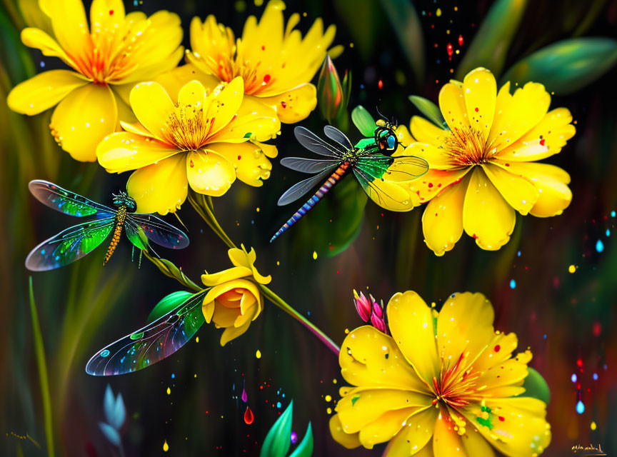 Colorful digital artwork: Yellow flowers, dragonfly, water droplets